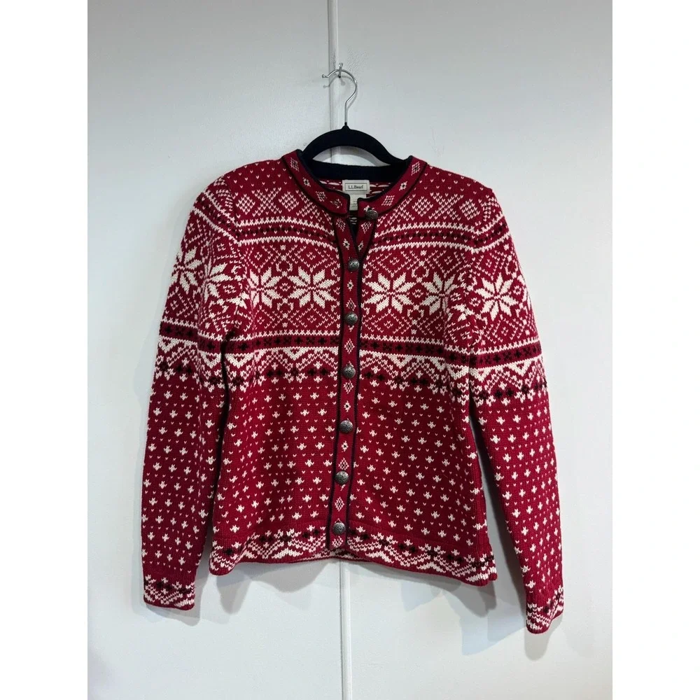 L.L. Bean Sweater Cardigan Womens S Red 100%‎ Cotton Fair Isle Holiday Ski Knit